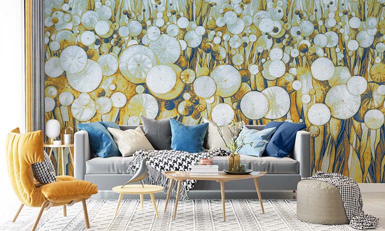 Niebiesko-pomarańczowa akwarelowa fototapeta z dmuchawcami | Extradecor in smome beautiful interior