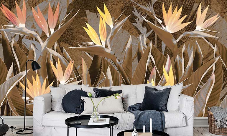 Tropische Blumen Strelitzia Abend Fototapete | Extradecor in an interior